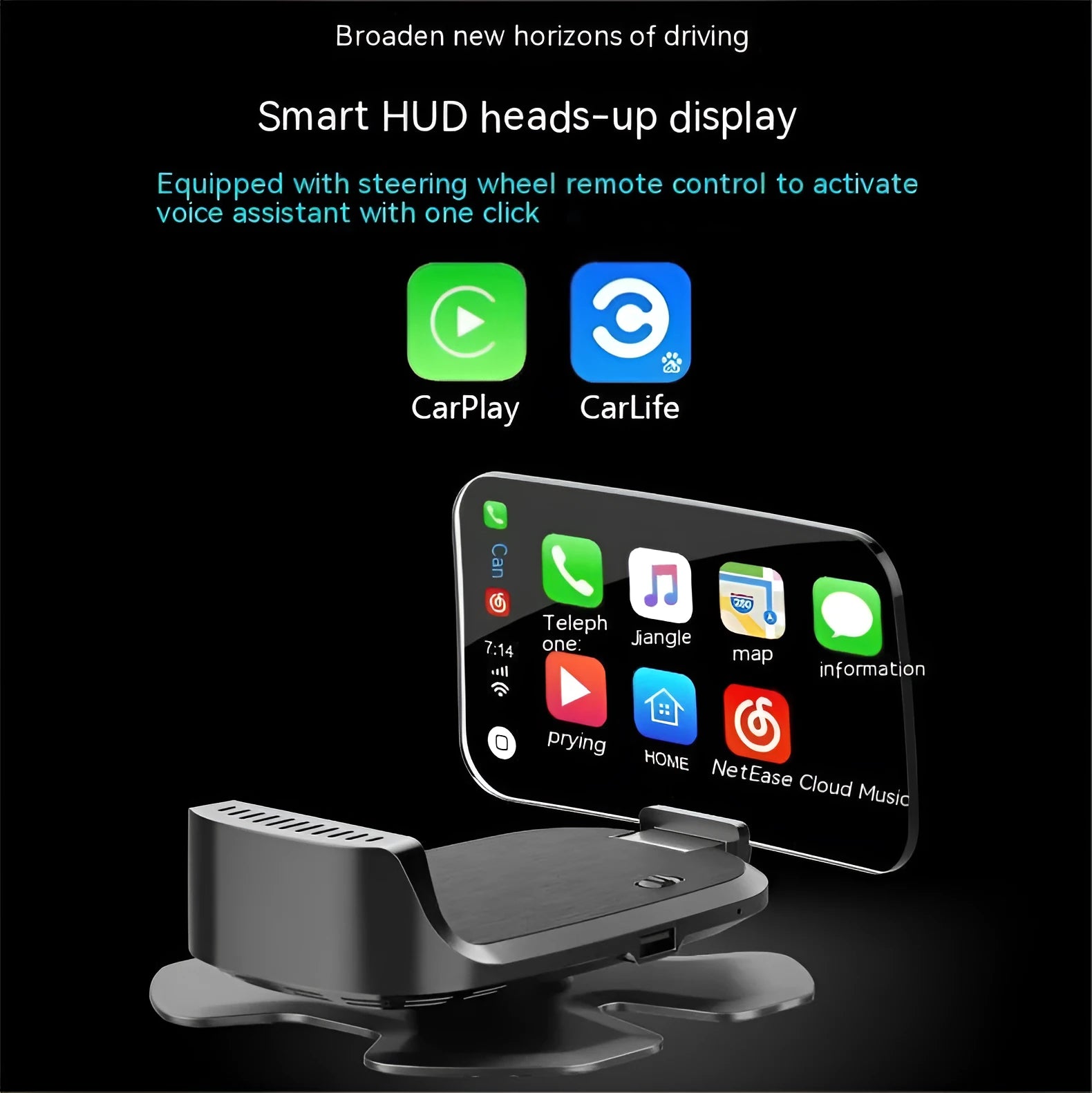Black car HUD projector with OBD connector for windscreen speed display