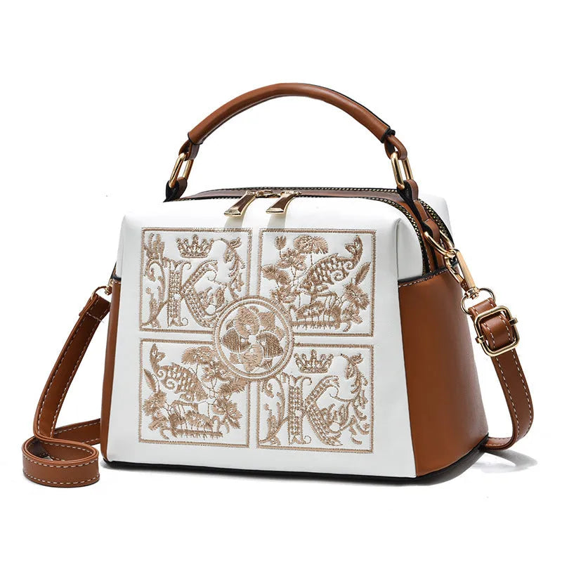 Women's PU cross-body shoulder bag with embroidery in horizontal square shape and external slit pocket