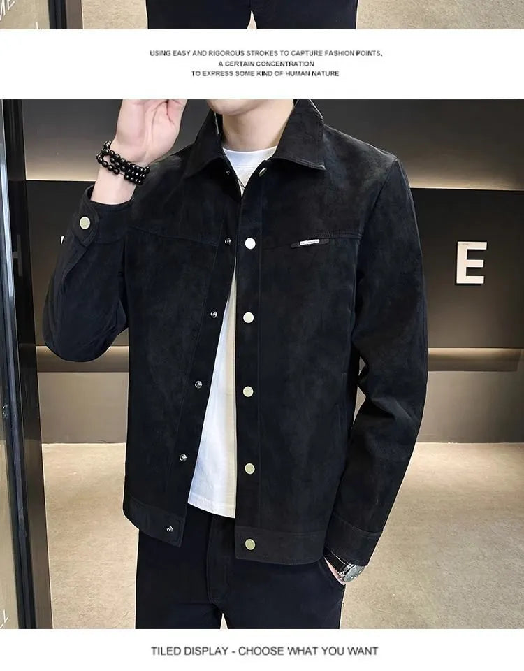 Men's suede lapel spring jacket in brown or black with long sleeves, side seam pockets and polyester lining