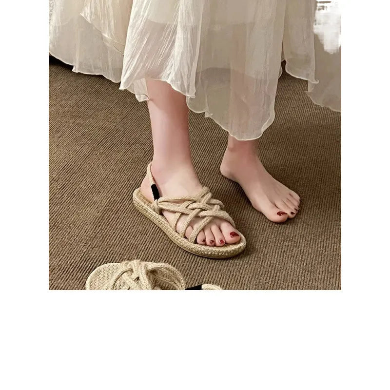 Braided hemp rope sandals in black or khaki, lightweight non-slip rubber sole, sizes 35-40