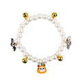 Halloween cat collar with simulated pearl necklace and pumpkin designs including purple ghost, skull, and smiling patterns