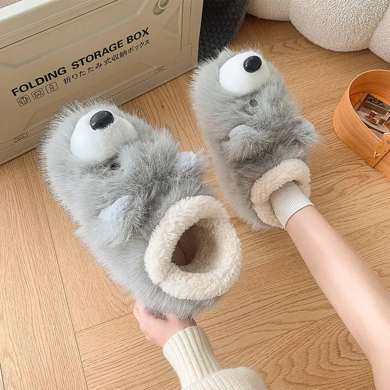 Grey ankle wrap plush slippers with artificial wool lining and a non-slip sole.