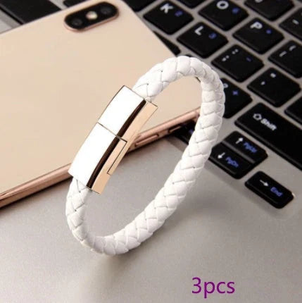 Stylish leather bracelet charging cable for iPhone, Android, and USB-C devices in various colors and sizes