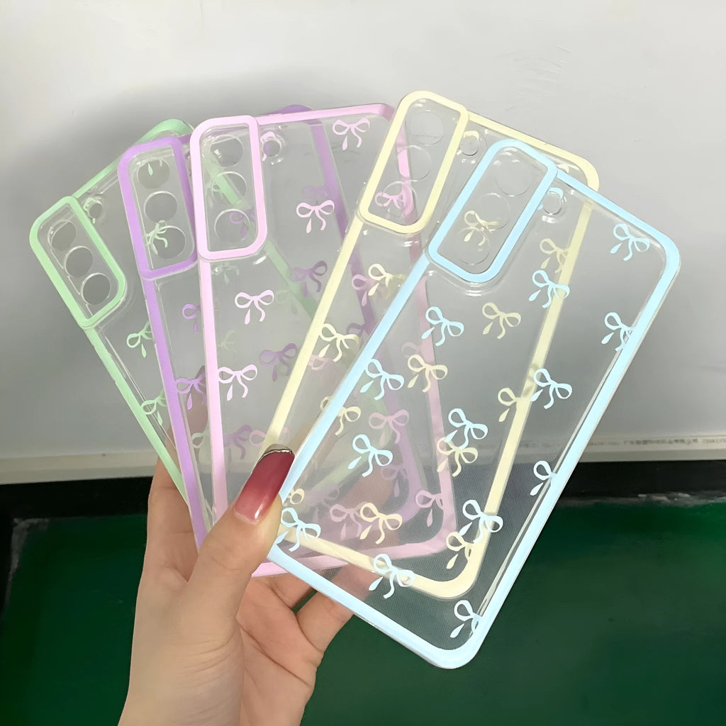Transparent Samsung TPU phone case with three-dimensional bowknot design in blue, pink or purple bow options.