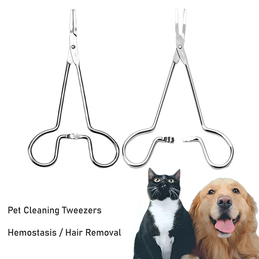 Silver stainless steel pet ear cleaning tweezers with curved tip and ergonomic handle