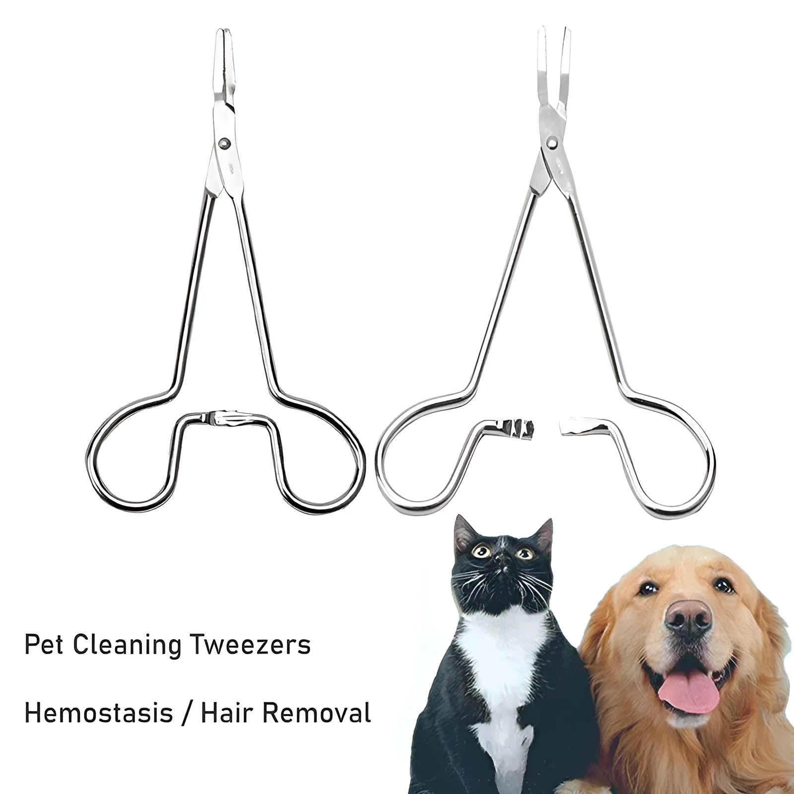 Silver stainless steel pet ear cleaning tweezers with curved tip and ergonomic handle