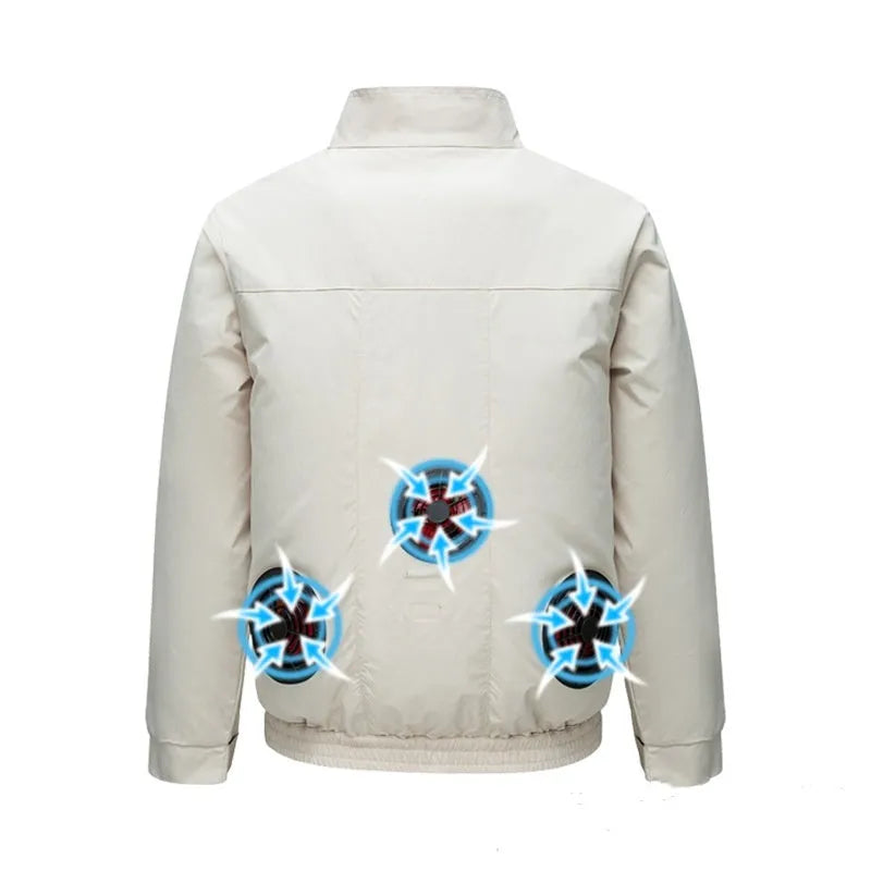 Men's black summer work jacket with multiple ventilation holes for fan attachment.