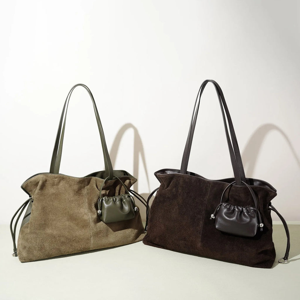 Cortical women's spliced casual crossbody bag in brown genuine suede leather with patchwork detail and crossbody strap