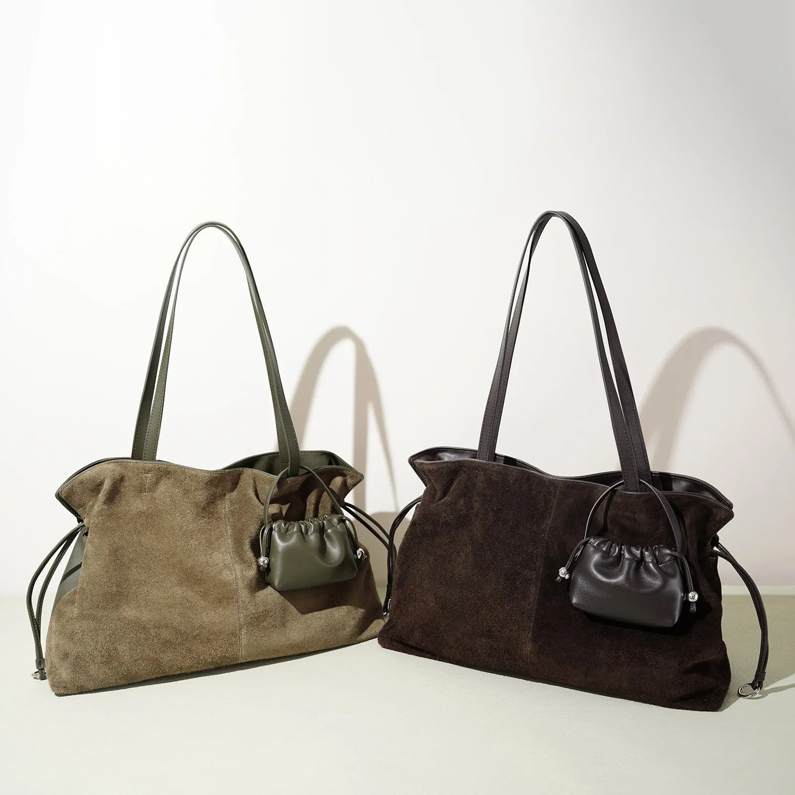 Cortical women's spliced casual crossbody bag in brown genuine suede leather with patchwork detail and crossbody strap