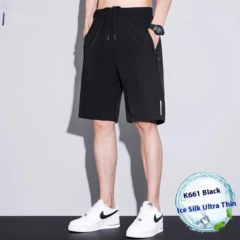 Men's thin ice silk quick-dry polyester running shorts in black, straight cut, front view