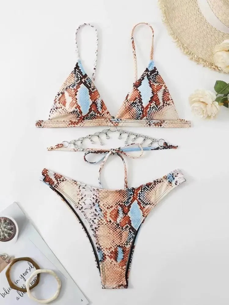 Light brown split bikini set with shoulder straps, polyester two-piece swimsuit in sizes S to XL