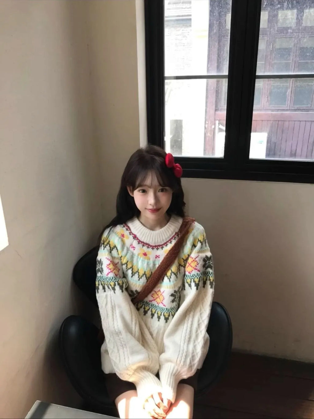 Women's milky white mori knitwear pullover sweater with lantern sleeves and loose fit
