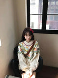 Women's milky white mori knitwear pullover sweater with lantern sleeves and loose fit