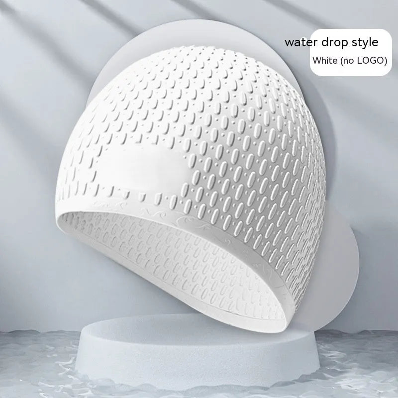 Solid colour silicone swimming cap with water drop design for adult swimmers