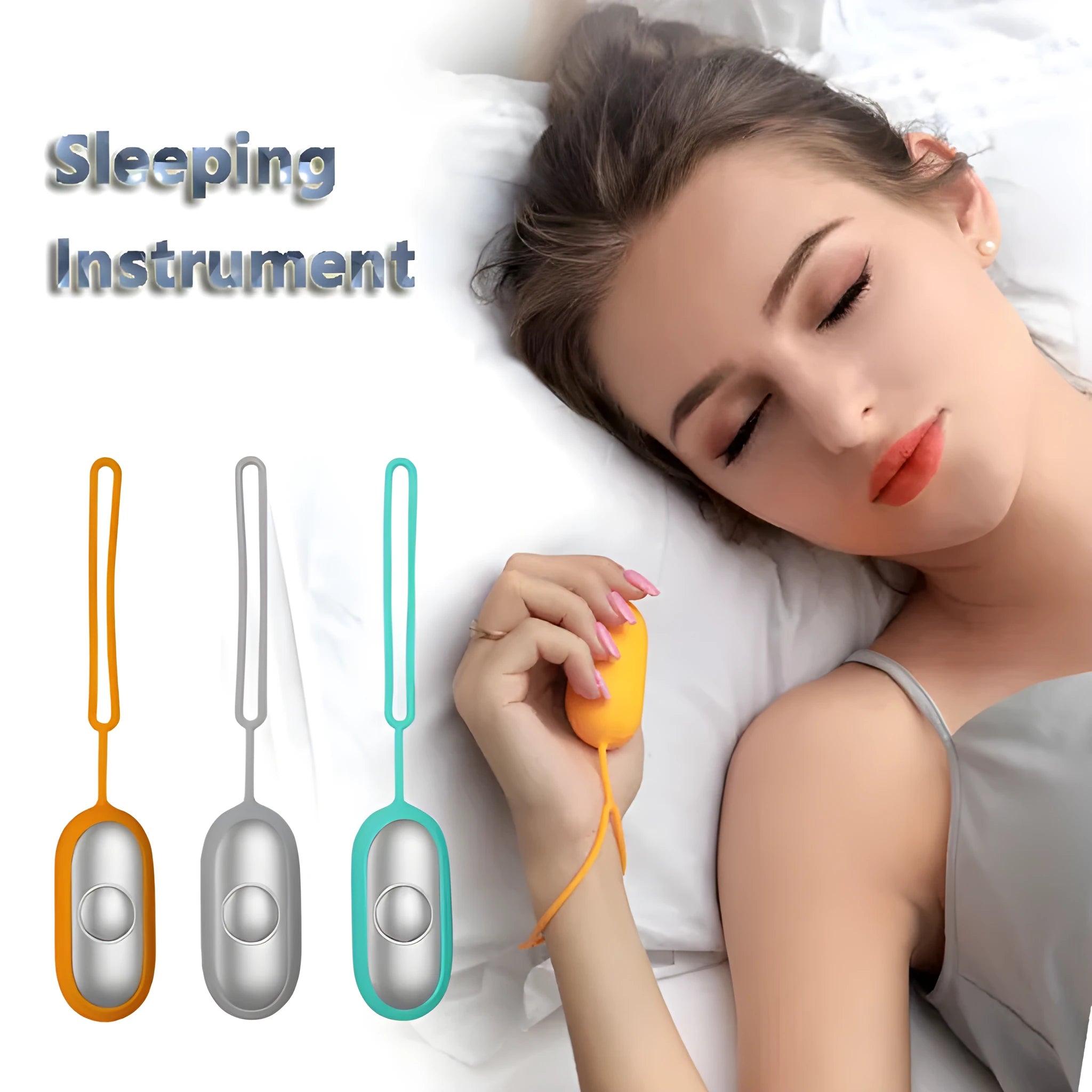 Handheld micro-current sleep aid device in grey, green, or orange colour with USB charging cable.