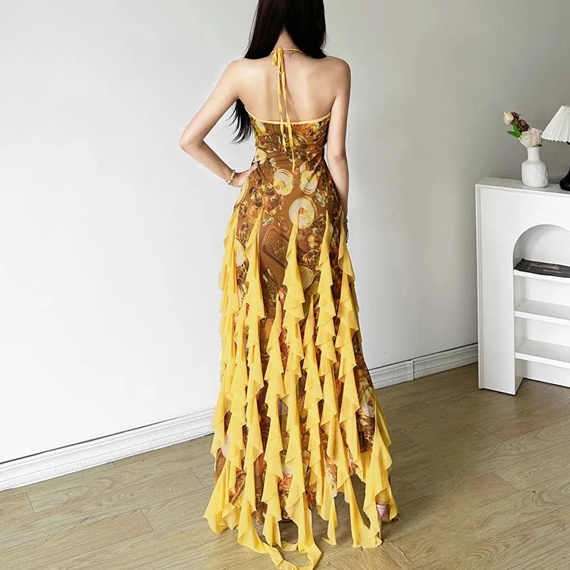 Yellow A-line halter suspender dress with ruffled straps, long length, high waist, women's street fashion