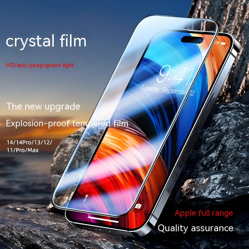iPhone tempered glass privacy screen protector with application sticker box, showing frosted, peep-proof and clear HD options.