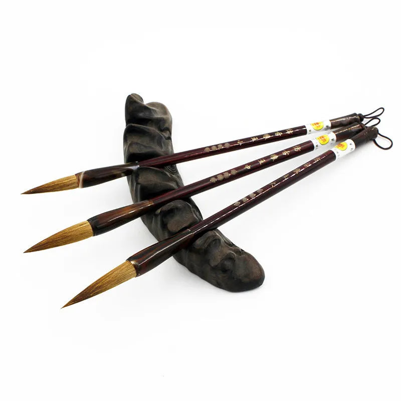 Traditional Chinese calligraphy brush set with wolf hair bristles and steel rod shafts in multiple sizes
