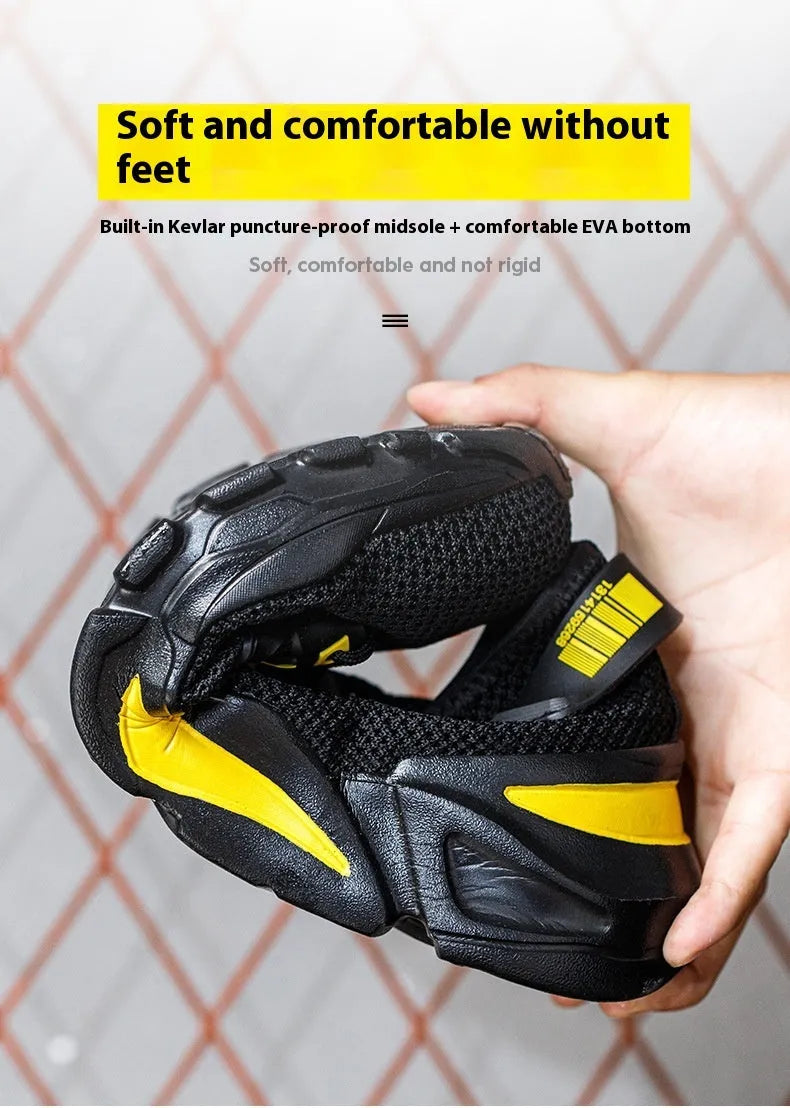 Men's low-top Flyknit work shoes with a steel toe cap in black, grey, and yellow colour options.