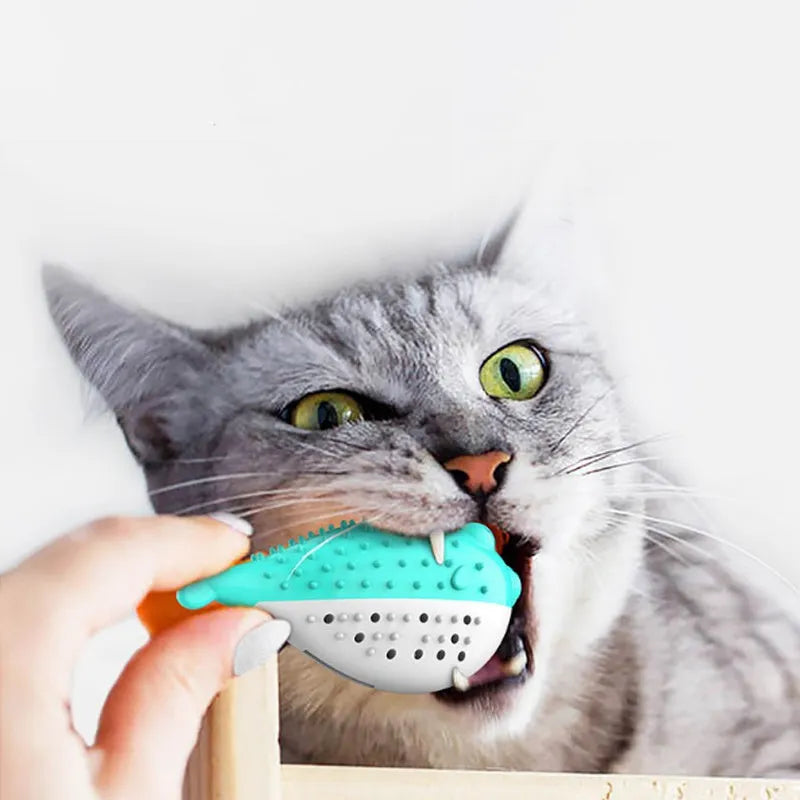 Silicone fish chew toy for cats in blue, green, pink or yellow colours