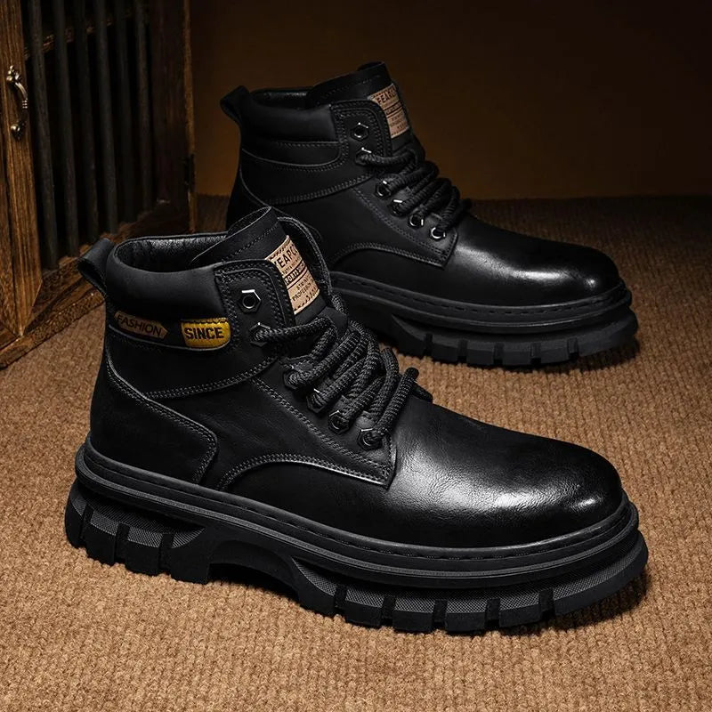 Men's brown Martin boots with high-top design, lace-up front, and round toe on rubber sole