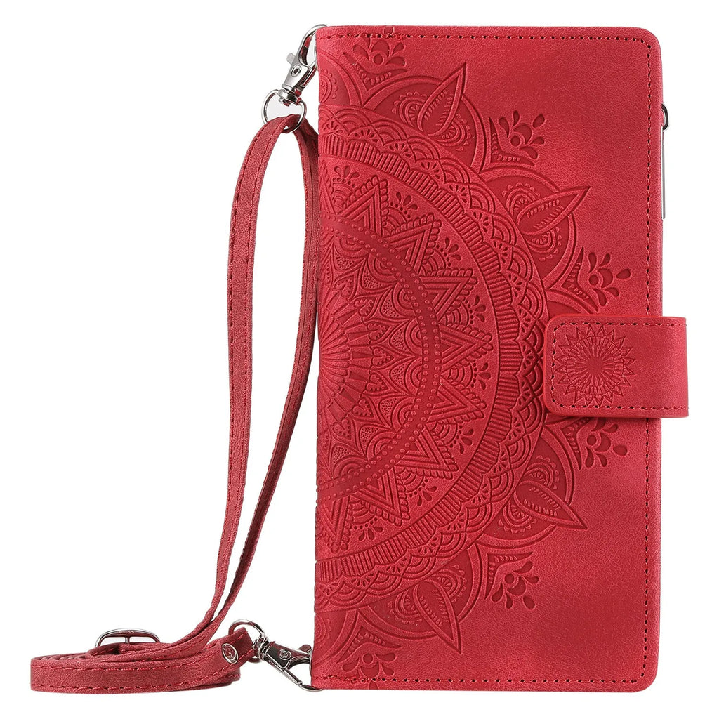 Embossed totem PU leather flip wallet phone case for iPhone with card slots and zipper in black, blue, green, pink, red, or purple.