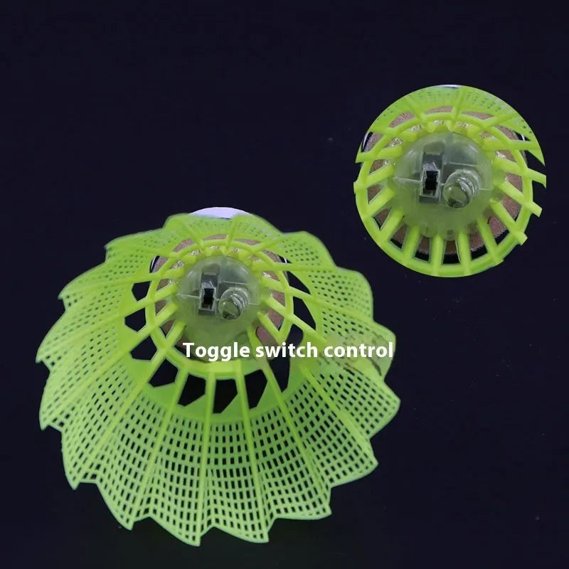 Green and red glowing badminton shuttlecocks for table tennis, shown in goose feather and nylon types.