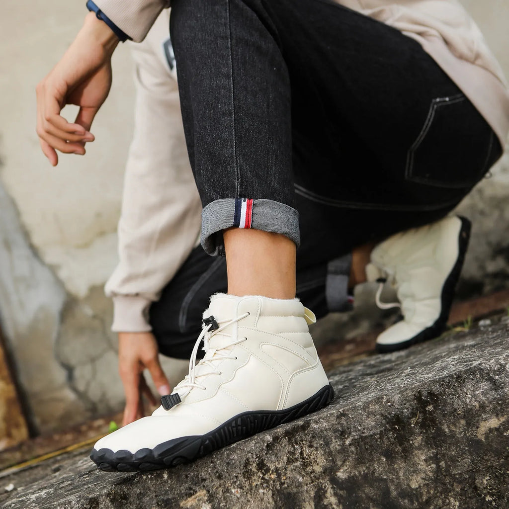 Waterproof five-finger fleece-lined snow boots with a rubber outsole in beige, black, grey, or wine red.