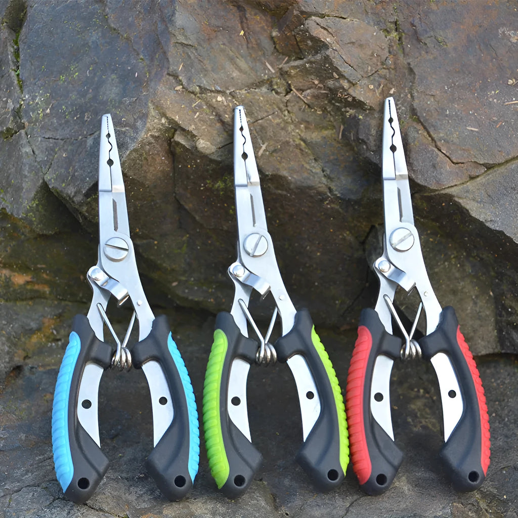 Straight mouth fishing pliers with hook tool, red ABS plastic handle, on a nylon bag with strap.