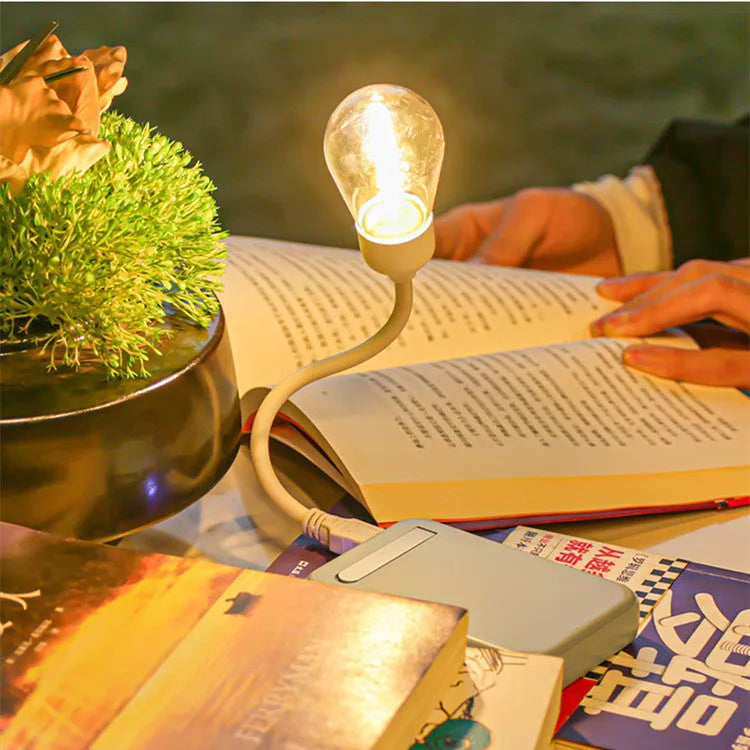 USB rechargeable folding tungsten night light with S14 bulb showing collapsed and extended positions