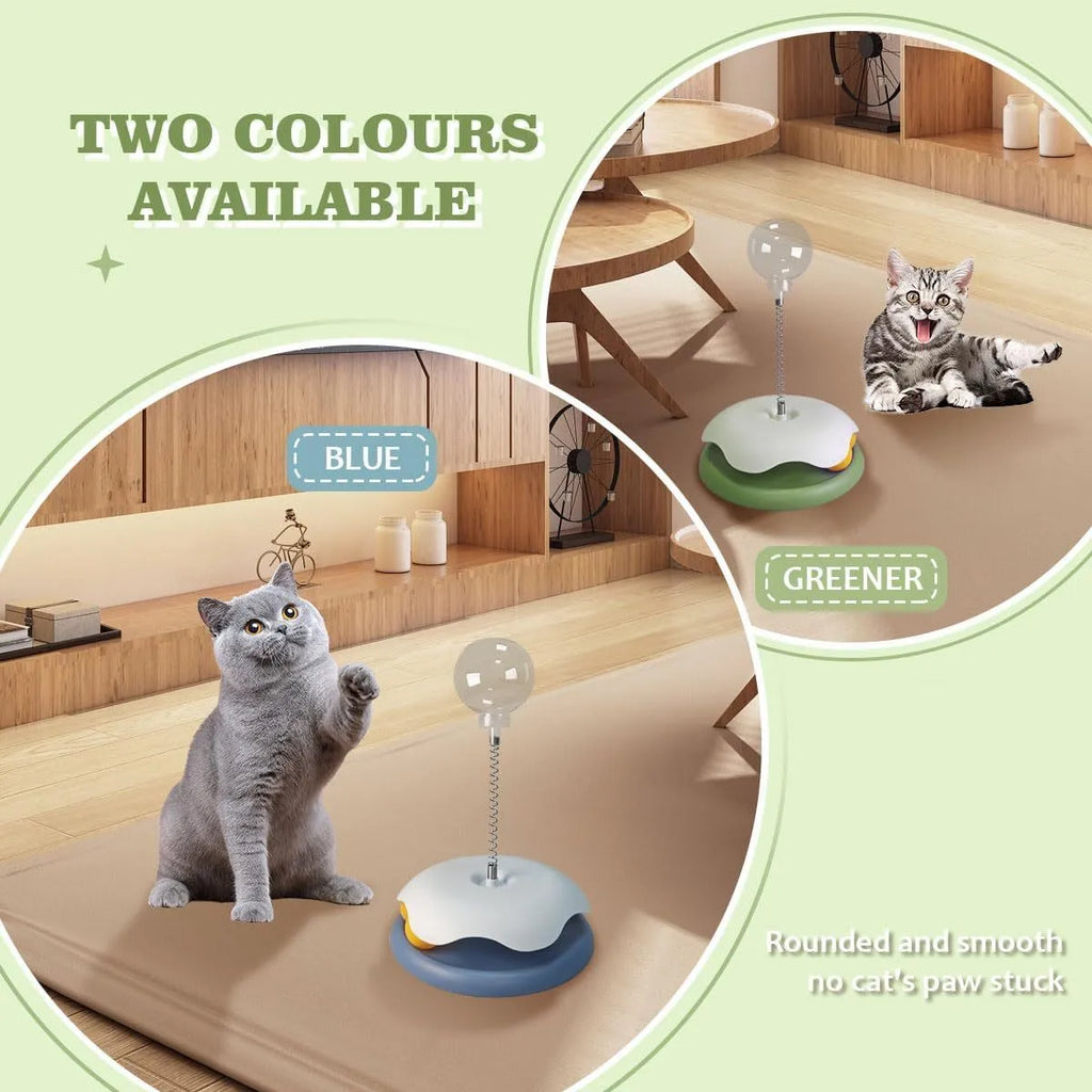 Blue and green cat treat dispenser toy with track ball for slow feeding and play