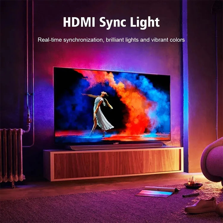 TV sync ambience light strip with colourful LED lighting installed behind television
