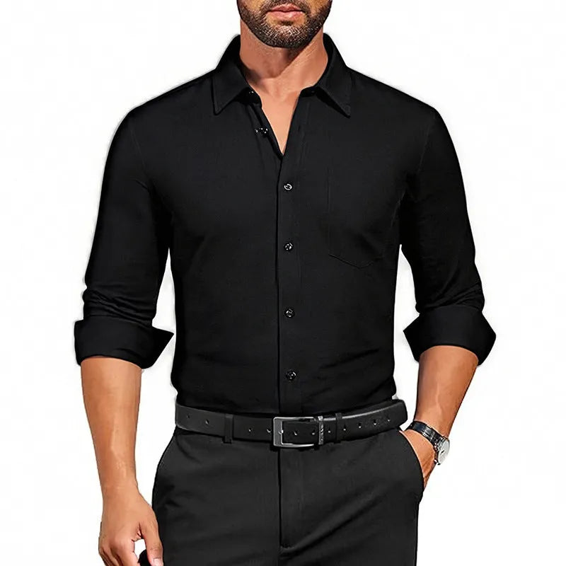 Men's long sleeve polyester shirt in solid colours, sizes S to 3XL, stretch wrinkle-resistant thin fabric
