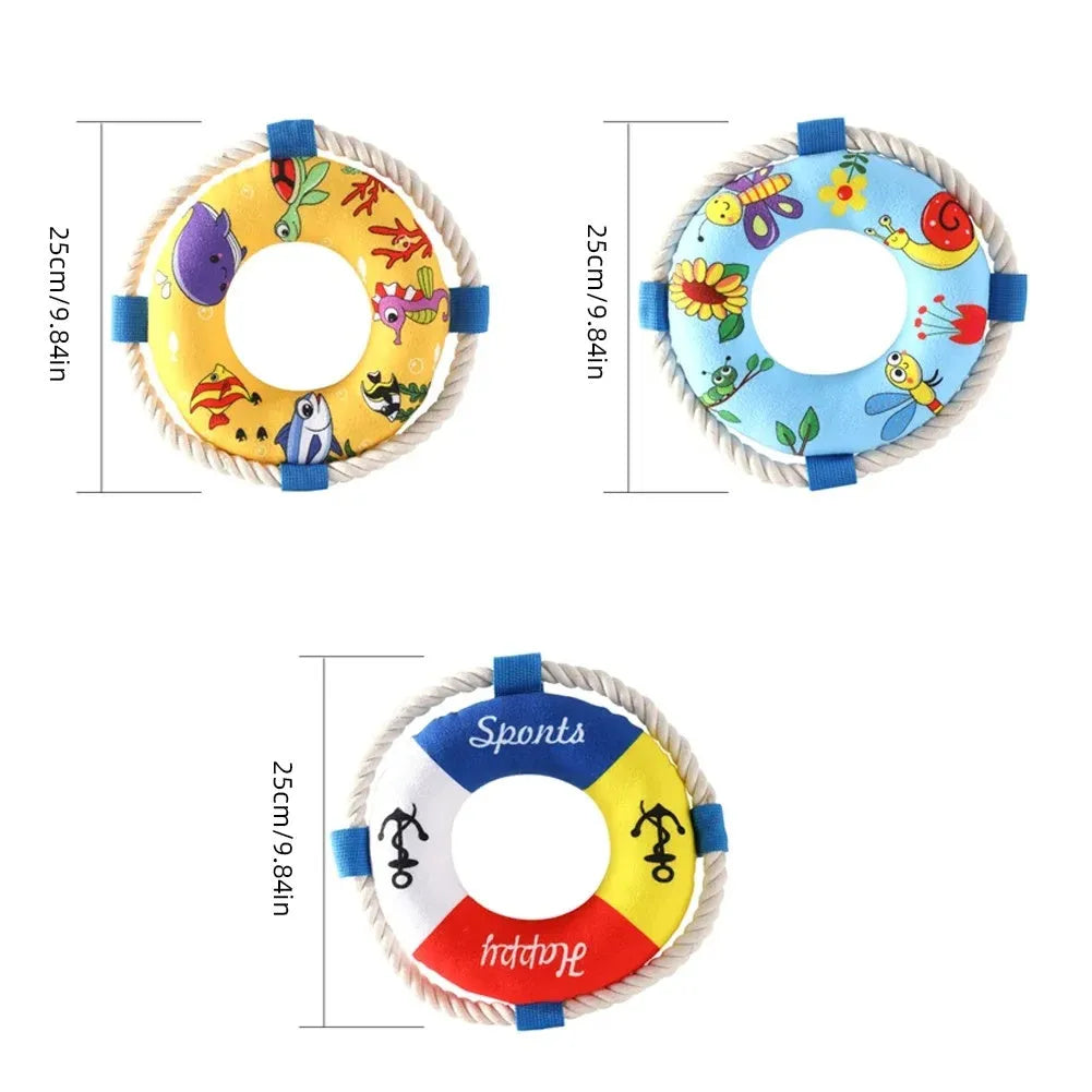 25 cm plush dog pull ring toy with squeaker in blue, red or yellow for puppies and small dogs