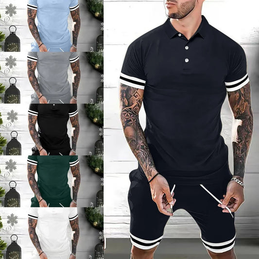 Men's 2-piece casual polo outfit in various colors and sizes, featuring a polo shirt and matching shorts for versatile styling