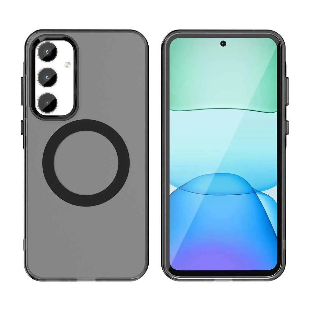 Front view of Samsung Galaxy S25 frosted matte magnetic phone case in black with built-in kickstand