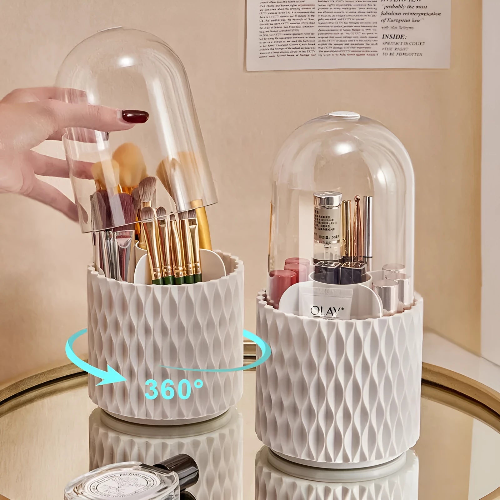 White rotating acrylic makeup brush storage box with transparent dust cover on desktop