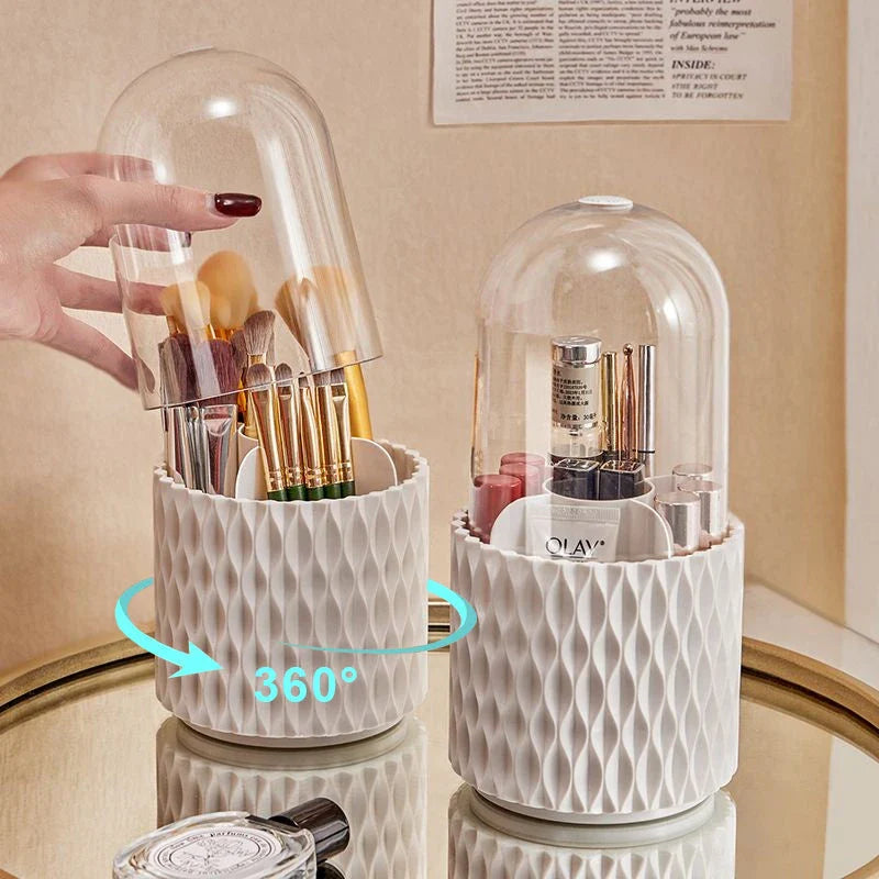 Rotating acrylic makeup brush holder with transparent lid and 360-degree rotating base for easy access to brushes