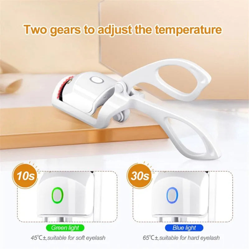 White USB heated eyelash curler with dual temperature buttons and safety insulating slots.