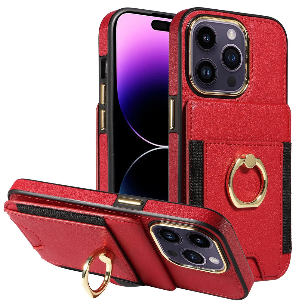 Handmade imitation leather phone case with card slot and magnetic bracket for Apple iPhone