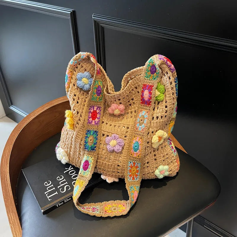 Casual woven hollow beach bag in knitted polyester, shown in milky white with a single shoulder strap.