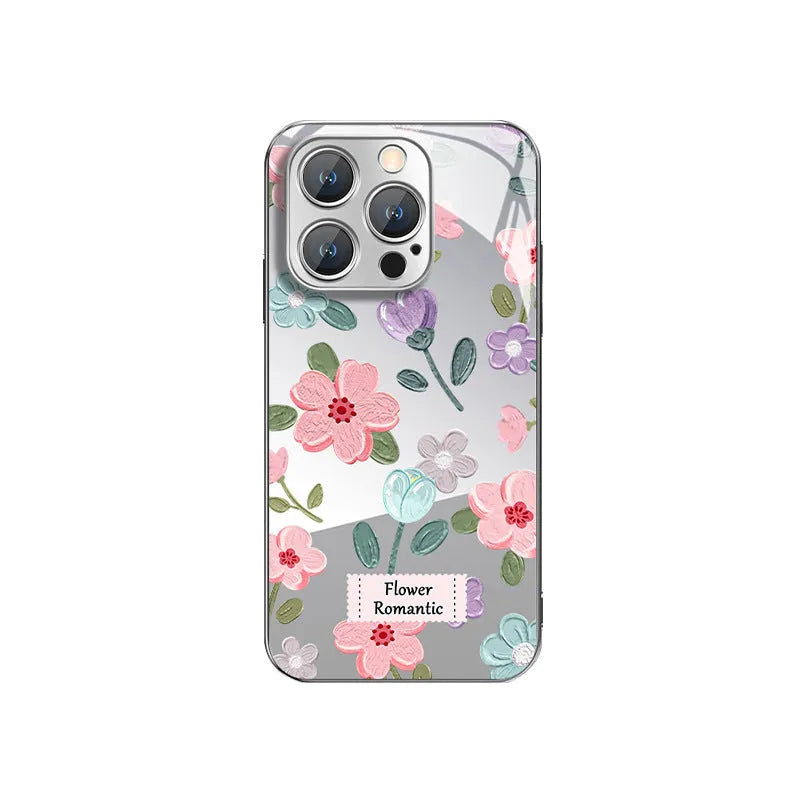 Ins oil painting flower mirror phone case for iPhone, silver grey electroplated glass anti-fall cover