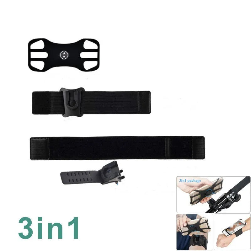 Black sports phone case with detachable arm and wrist strap on a grey background