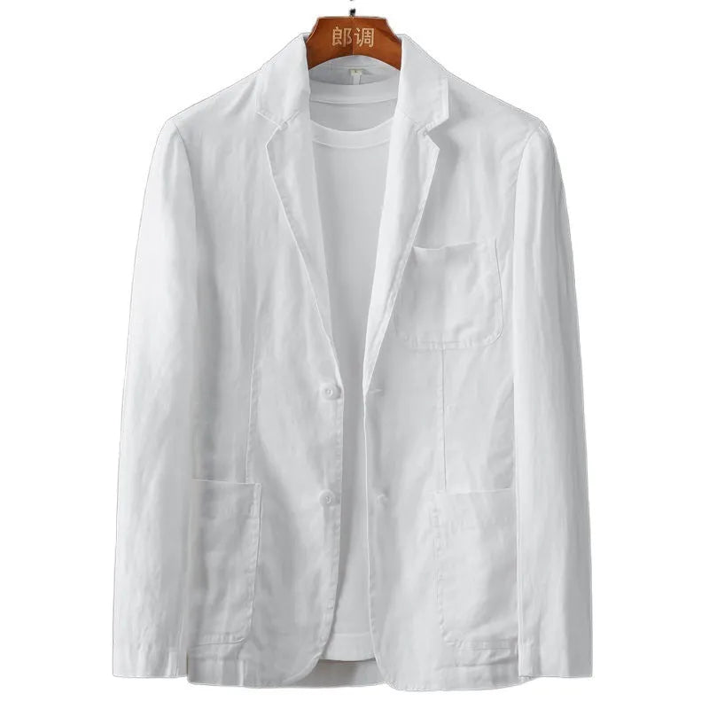 Men's slim fit linen suit jacket in blue with nine-point sleeves on a hanger.