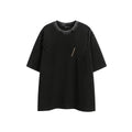 Purple and black washed cotton retro T-shirt with embroidery, shown in loose fit with half-length sleeves.
