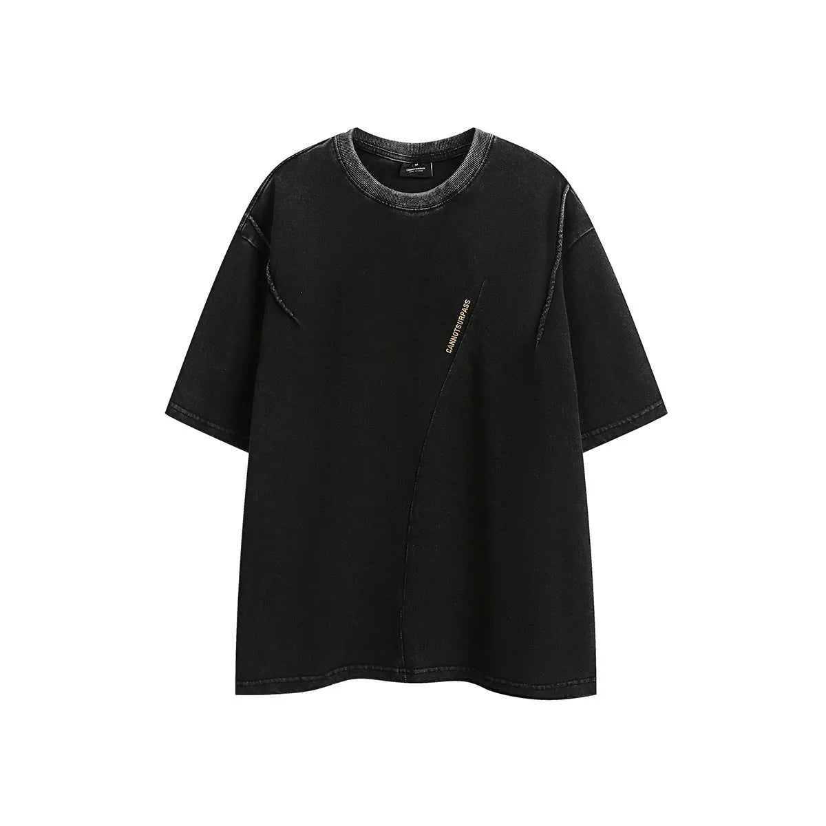 Purple and black washed cotton retro T-shirt with embroidery, shown in loose fit with half-length sleeves.