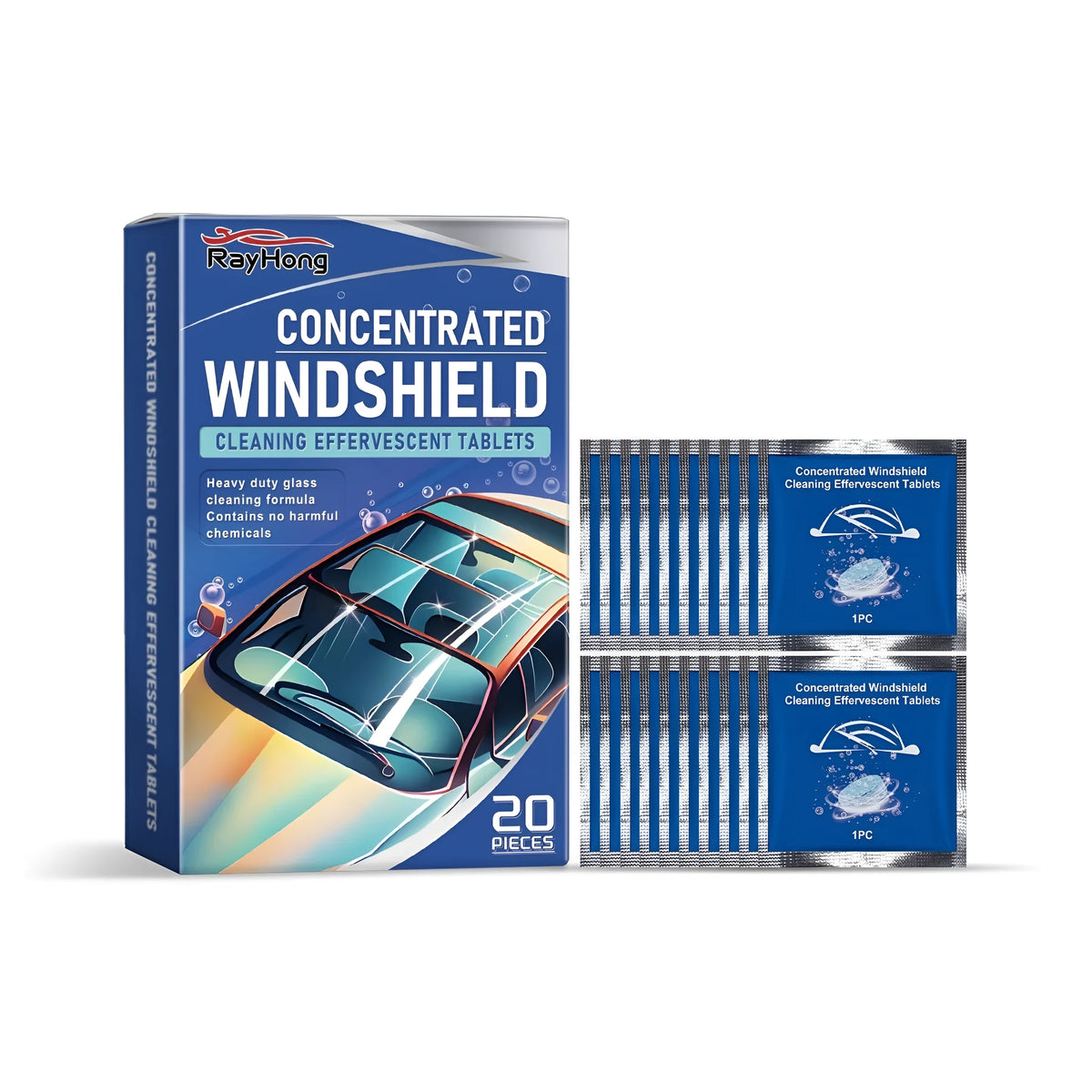 Box of 20 car windshield cleaning effervescent tablets with dimensions 7.5x3.5x12.5cm