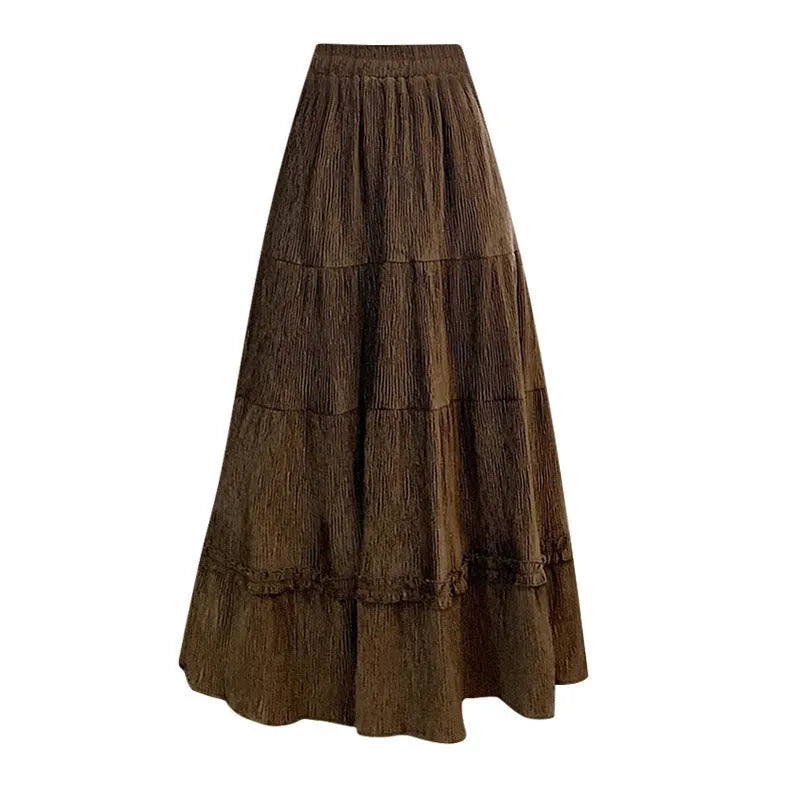 Korean style corduroy A-line midi skirt with elastic waistband in solid colour options
