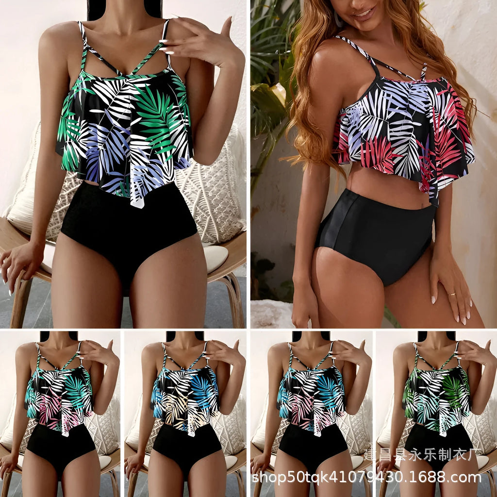 Women's white and blue floral printed high-waist bikini swimsuit with flounced detail.