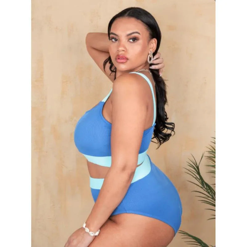 Women's solid colour polyester bikini set with high-waisted briefs.